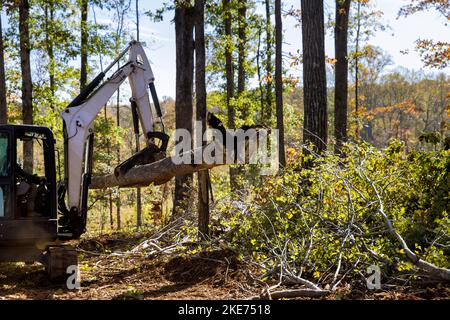 Pendant les travaux d'aménagement paysager avec des terres défrichées des racines pour la subdivision de développement de logements à l'aide de tracteurs à mini-chargeuses Banque D'Images