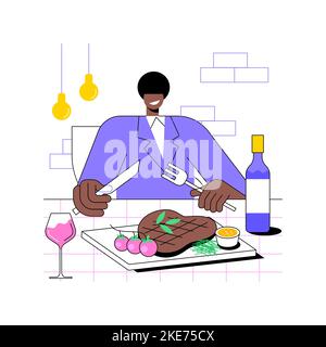 Illustrations vectorielles de dessin animé isolées de Steak House. Un homme affamé coupe un steak d'os juteux argentin avec un couteau, un menu de nourriture, manger à l'extérieur, dîner au restaurant, dessin animé de vecteur de viande vieilli. Illustration de Vecteur