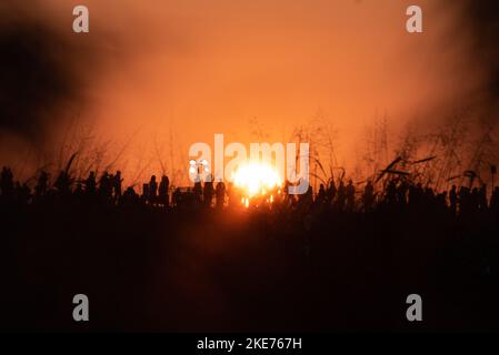 Le soleil se lève derrière la silhouette des gens pendant le lever du soleil de l'heure d'or. Banque D'Images