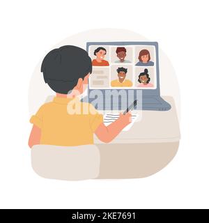 Illustration vectorielle isolée de groupe d'étude virtuelle. Socialisation des enfants, programme d'école virtuelle, chat vidéo de groupe, étudiant avec ordinateur et casque, étude de dessin animé vectoriel en ligne. Illustration de Vecteur