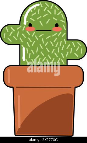 Un cactus vert mignon avec joues rouges dans un pot brun sur fond blanc Illustration de Vecteur