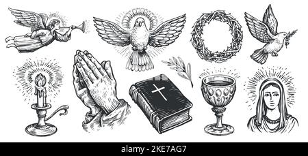 Foi en Dieu, concept. Collection de symboles bibliques dessinés à la main dans un style de gravure vintage. Illustration du vecteur d'esquisse Illustration de Vecteur