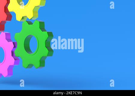 Engrenages métalliques colorés. Technologie d'ingénierie. Développement de mécanismes. Progrès industriel. Concept d'idée. Coopération commerciale. Travail d'équipe et communication Banque D'Images