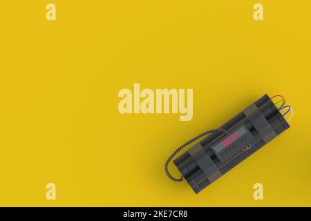 Bombe dynamite avec minuterie numérique dans le coin sur fond jaune. Compte à rebours et échéance. Copier l'espace. Vue de dessus. 3d rendu Banque D'Images