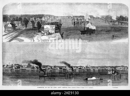 Bombarder les batteries Rebel dans les bois en face de Washington, Caroline du Nord, 16 avril 1863 - Washington, sur la rivière Tar, Caroline du Nord. Bataille de Washington. Illustration de la guerre de Sécession américaine du 19th siècle tirée du journal illustré de Frank Leslie Banque D'Images