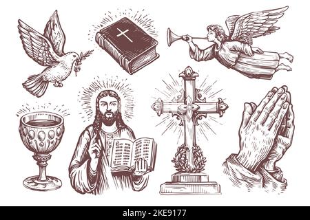 Sainte Bible, mains pliées dans la prière, croquis d'ange. Jeu de symboles religieux. Collection d'illustrations vectorielles vintage Illustration de Vecteur