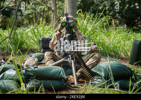 Hawaï, États-Unis. 2nd novembre 2022. Soldats de l'armée américaine affectés au 225th Bataillon de soutien de la brigade, 2nd équipe de combat de la brigade d'infanterie, 25th Division d'infanterie, zone de soutien de la brigade de patrouille 1 à la caserne Schofield, Hawaii, le novembre. 3, 2022. La rotation de formation 23-01 du Centre de préparation multinational du Pacifique (CMPM) permet aux soldats de Tropic Lightning de renforcer les relations de défense, de promouvoir l'interopérabilité multinationale, d'accroître la préparation et de renforcer le réseau régional unifié d'énergie terrestre de la Force conjointe. Crédit: Armée américaine/ZUMA Press Wire Service/ZUMAPRESS.com/Alamy Live News Banque D'Images