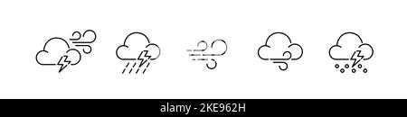 5 modèles de prévisions météorologiques orageux. Vent, foudre et douche. Pixels Perfect, icônes de contour modifiables Illustration de Vecteur