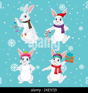 Quatre lapins en illustration de thème de Noël Illustration de Vecteur