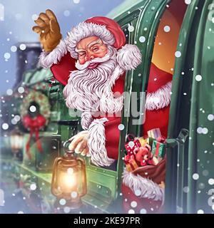 Joyeux Noël, illustration portrait du père noël à bord d'un train Banque D'Images