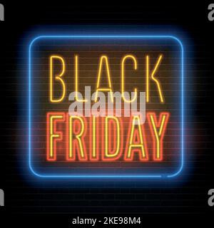 Black Friday solde publicité rétro néon sur fond sombre. Remises élégantes lettres vectorielles rouges jaunes réalistes avec contour bleu. Modèle de bannière d'offre de prix spécial pour les magasins de luxe. Illustration de Vecteur