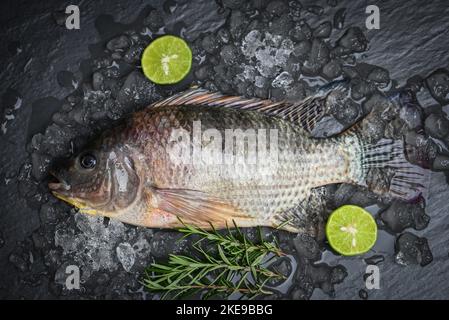 Tilapia frais cru de la ferme tilapia, Tilapia avec glace sur fond sombre - vue de dessus Banque D'Images