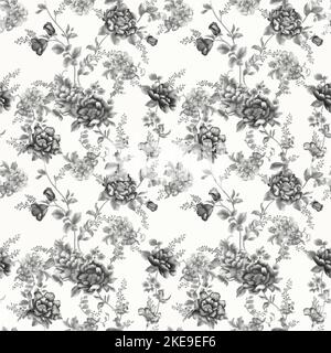 Motif fleuri sans couture. Vecteur vintage. Fond floral. Noir, blanc, or. Fleurs de jardin roses, pivoines, hortensia style victorien luxe. Illustration de Vecteur