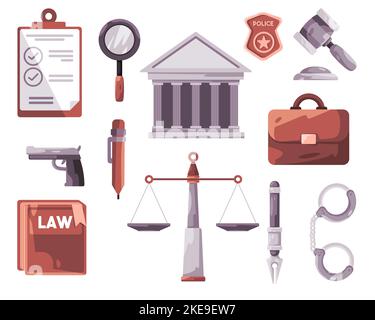 Collection de jeux d'icônes de justice en style caricature, du marteau gavel à l'insigne de police de bâtiment de cour Illustration de Vecteur