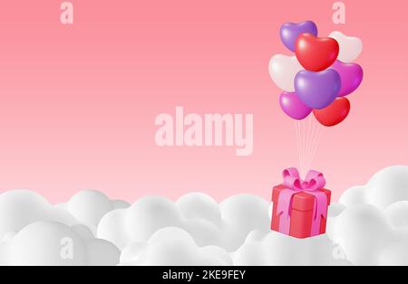 3D boîte cadeau avec ballons en forme de coeur dans les nuages Illustration de Vecteur