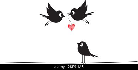 Silhouettes d'oiseaux sur fil tenant coeur rouge illustration, vecteur. Dessin animé amusant. Affiche minimaliste isolée sur fond blanc. Art Illustration de Vecteur