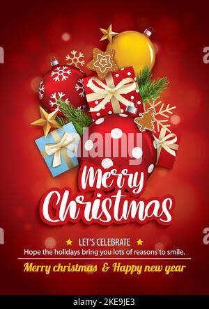 Joyeux noël fête boule de verre et boîte cadeau pour la conception de brochure sur fond rouge invitation thème concept. Bannière de vœux de joyeuses fêtes et Illustration de Vecteur