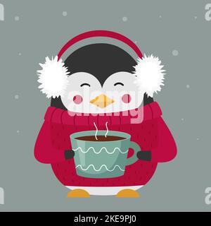 pingouin de noël dans des couvre-oreilles en fourrure chaude et pull avec une tasse de chocolat chaud Illustration de Vecteur