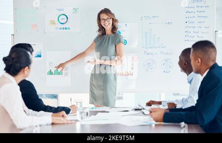 Femme d'affaires, leadership et coaching sur tableau blanc pour la stratégie marketing, la réunion ou la présentation au bureau. Une femme ou un mentor heureux Banque D'Images