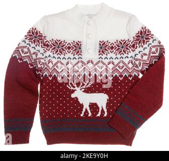 Pull ou gilet de Noël chaud pour enfants blanc rouge avec ornements tricotés nordiques (ou chandail laid) sur fond blanc Banque D'Images