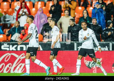 Justin Kluivert de Valence célèbre un but 3-0 lors du championnat espagnol la Liga football match entre Valencia CF et Real Betis Balompie le 10 novembre 2022 au stade Mestalla à Valence, Espagne - photo: Ivan Terton/DPPI/LiveMedia Banque D'Images