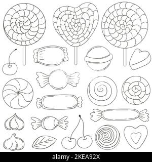 Coloriage. Ensemble d'illustrations vectorielles en mode dessin à la main. Collection d'icônes, épingles, autocollants. Bonbons, sucettes, guimauves Illustration de Vecteur