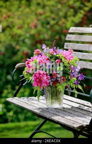 Betrieb einer Bühren in Rot, pink und violett Farbtönen mit Pfingstrosen und Akeleien, steht in Glas-Vase auf dekorativen Holz-Gartenbank Banque D'Images