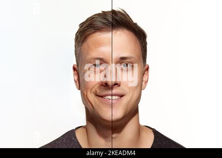 Portrait de l'homme en comparaison, jeunes et maturité, vieillesse. Processus de vieillissement de la peau, rides. Chirurgie plastique, procédures de beauté. Avant et après le concept Banque D'Images