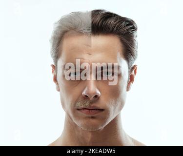 Portrait de l'homme en comparaison, jeunes et maturité, vieillesse. Processus de vieillissement de la peau, rides. Chirurgie plastique, procédures de beauté. Avant et après le concept Banque D'Images