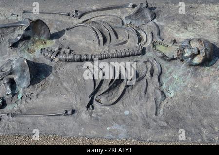 KENYA, Turkana, village Nariokotome, site d'excavation de Turkana Boy, également appelé Nariokotome Boy, est le nom donné au fossile KNM-WT 15000, un squelette presque complet d'un jeune Homo ergaster qui vivait il y a 1,5 à 1,6 millions d'années. Il a été découvert en 1984 par Kamoya Kimeu sur la rive de la rivière Nariokotome près du lac Turkana au Kenya, réplique en bronze / KENIA, Turkana, Dorf Nariokotome, Ausgrabungsstätte und Funsort des 'Turkana Boy', ein 1,6 Millionen Jahre altes menschliches das Skelett, nariokbeotätte et junichen-milichen jugendlichen Individules der Gattung Homo Ergas Banque D'Images