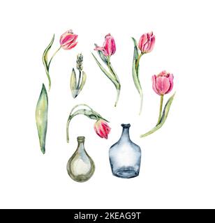 Aquarelle dessinée à la main fleurs roses tulipes ensemble et bouteilles en verre vides. Il est parfait pour les cartes de vœux, l'invitation de mariage, l'anniversaire et la fête des mères c Banque D'Images