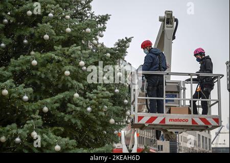 Weihnachtsbaum auf dem Pariser Platz à Berlin vor dem Brandenburger Tor Banque D'Images