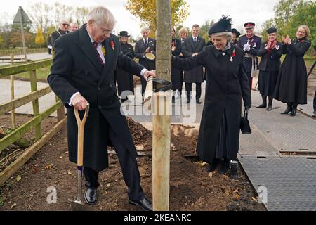 Le duc et la duchesse de Gloucester plantent le dernier des 27 nouveaux arbres Elm, Chêne et Lime le long de l'avenue menant à l'entrée de l'Arboretum du Mémorial national, Alrewas, Staffordshire dans le cadre de la verrière de la Reine, Une initiative nationale du Jubilé de platine pour planter plus d'un million d'arbres en l'honneur de la reine Elizabeth II Date de la photo: Vendredi 11 novembre 2022. Banque D'Images