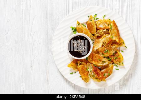 gyoza frit, wonton wrappers farcis de porc et de chou arrosé d'oignons verts sur plaque blanche avec sauce soja sur table en bois blanc, horizontal Banque D'Images