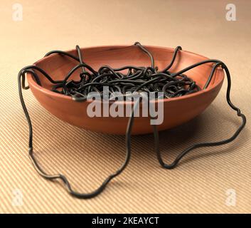 Un bol en bois désordonné de spaghetti de seiches noires sur une surface en tissu chaud - rendu 3D Banque D'Images