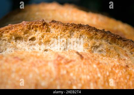 Pain de levain frais avec croûte croquante et intérieur doux et salé. Gros plan de pain maison. Banque D'Images