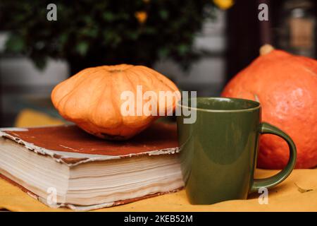 Composition automnale de citrouille, livre et chrysanthème dans un pot à l'extérieur Banque D'Images