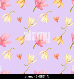 Motif à la main sans coutures. Fleurs d'aquarelle rose et crème avec feuilles vertes sur fond bleu. Scrapbook, poster typographique, laboratoire Banque D'Images