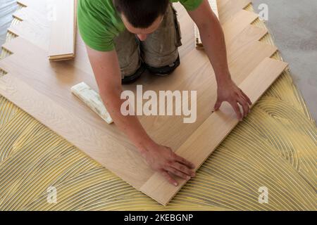 CRAFTSMAN pose de parquet à chevrons professionnellement Banque D'Images