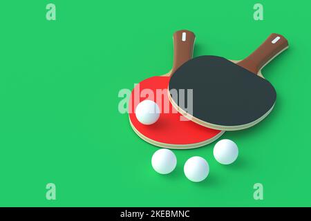 Pagaies de ping-pong avec balles sur fond vert. Jeu de loisirs. Équipement de sport. Concurrence internationale. Tennis de table. Copier l'espace. 3d rendu Banque D'Images