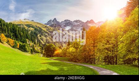 Einödsbach près d'Obersdorf avec vue sur les hautes Alpes de l'Allgäu Banque D'Images