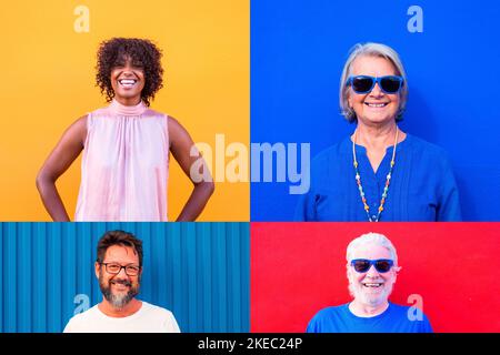 collage et montage d'un groupe de quatre personnes souriant et ayant des arrière-plans colorés amusants - adultes et aînés de tous âges et de toute ethnie appréciant Banque D'Images