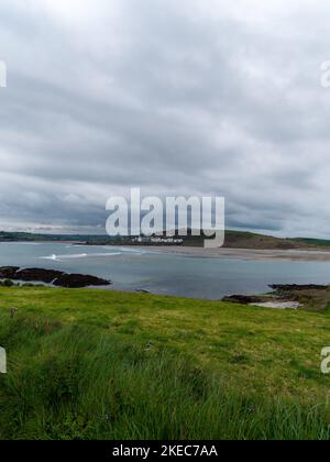 Vue sur la baie de Clonakilty par jour nuageux. Herbe épaisse près de la mer. Le littoral du sud de l'Irlande. Paysage de bord de mer. Temps nuageux avant le Th Banque D'Images