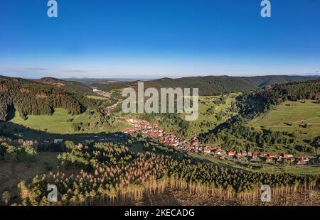 Allemagne, Thuringe, Schleusegrund, Schönbrunn, village allongé, forêt, montagnes, vallées, vue d'ensemble, lumière du matin Banque D'Images