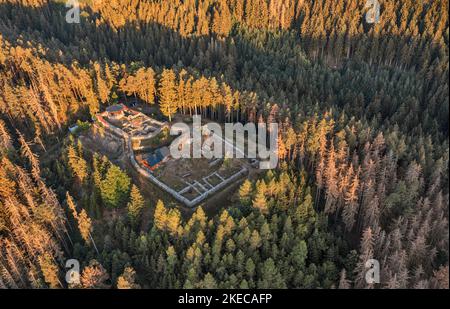 Allemagne, Thuringe, Ramptendorf, Weisbach, Wysburg, ruine, murs de fondation, forêt, lumière du matin, vue d'ensemble, vue oblique, vue aérienne Banque D'Images