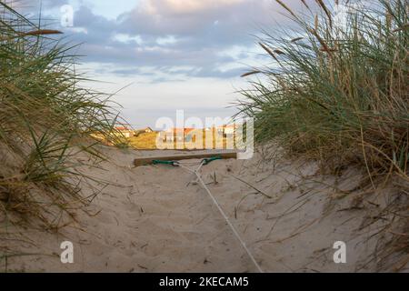 Maisons de vacances en arrière-plan sur une plage de sable au Danemark. Banque D'Images