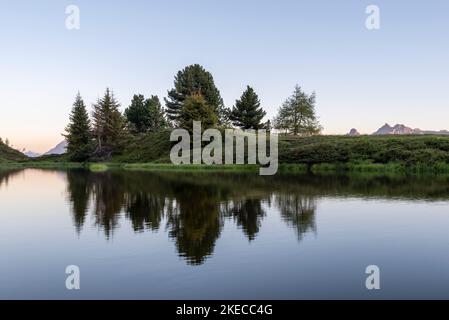 Arbres reflétés dans un lac de montagne, Alpes, Krahberg, Mont Venet, situé sur le sentier européen de randonnée longue distance E5, Zams, Tyrol, Autriche Banque D'Images