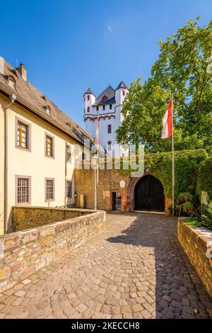 Vues sur Eltville dans le Rheingau, une ville rose et durable avec de nombreux bâtiments historiques, tels que des maisons à colombages, des coins romantiques et pittoresques vous invitent à vous attarder, surtout pour apprécier le vin, Banque D'Images