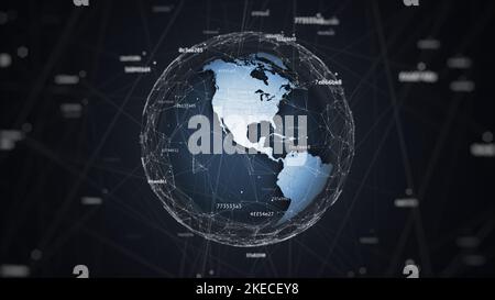Illustration 3D du globe terrestre dans le chaos géométrique avec des nombres aléatoires connectés par commutateur de bruit numérique, illustration d'arrière-plan technique Banque D'Images