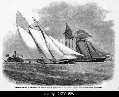 La régate annuelle du New York Yacht Club, 11 juin 1863 - Concours dans le sud-ouest de la côte entre les goélettes de première classe Gipsey et Favorita. Illustration du 19th siècle du journal illustré de Frank Leslie Banque D'Images